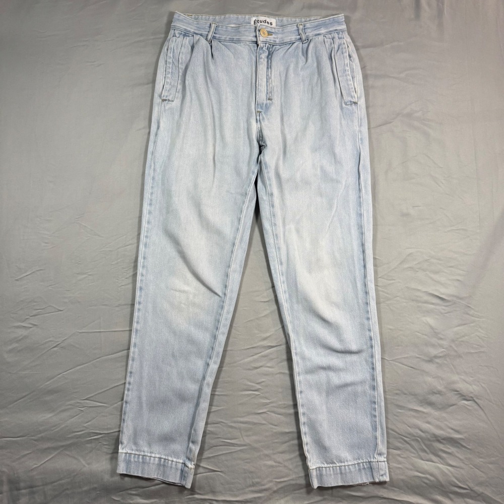 Etudes Mens Light Wash Tapered Denim Jeans High Rise 29x28.5 Relaxed Luxury